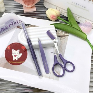 [AMORTALS] Bộ Dụng Cụ Cắt Tỉa Lông Mày AMORTALS 3 Món Màu Tím, Dao Cạo Hai Đầu, Kéo, Nhíp