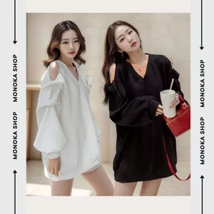 Áo sweater form rộng thụng trắng đen cổ tim Áo phông trẻ trung Áo thun nữ tay bồng gắn nơ khoét vai T17G MONOKA SHOP