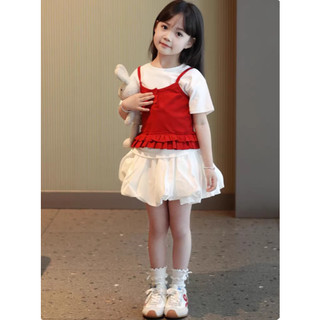 [B&G] Sét váy áo cotton trắng phối yếm hồng đỏ kèm chân váy trắng cho bé gái từ 10-45kg