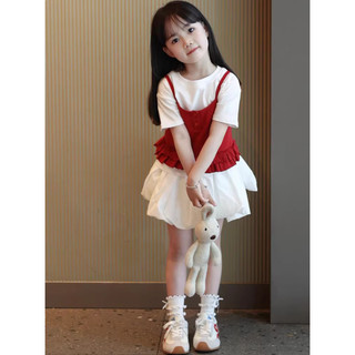 [B&G] Sét váy áo cotton trắng phối yếm hồng đỏ kèm chân váy trắng cho bé gái từ 10-45kg