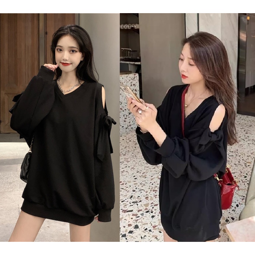 Áo sweater form rộng thụng trắng đen cổ tim Áo phông trẻ trung Áo thun nữ tay bồng gắn nơ khoét vai T17G MONOKA SHOP
