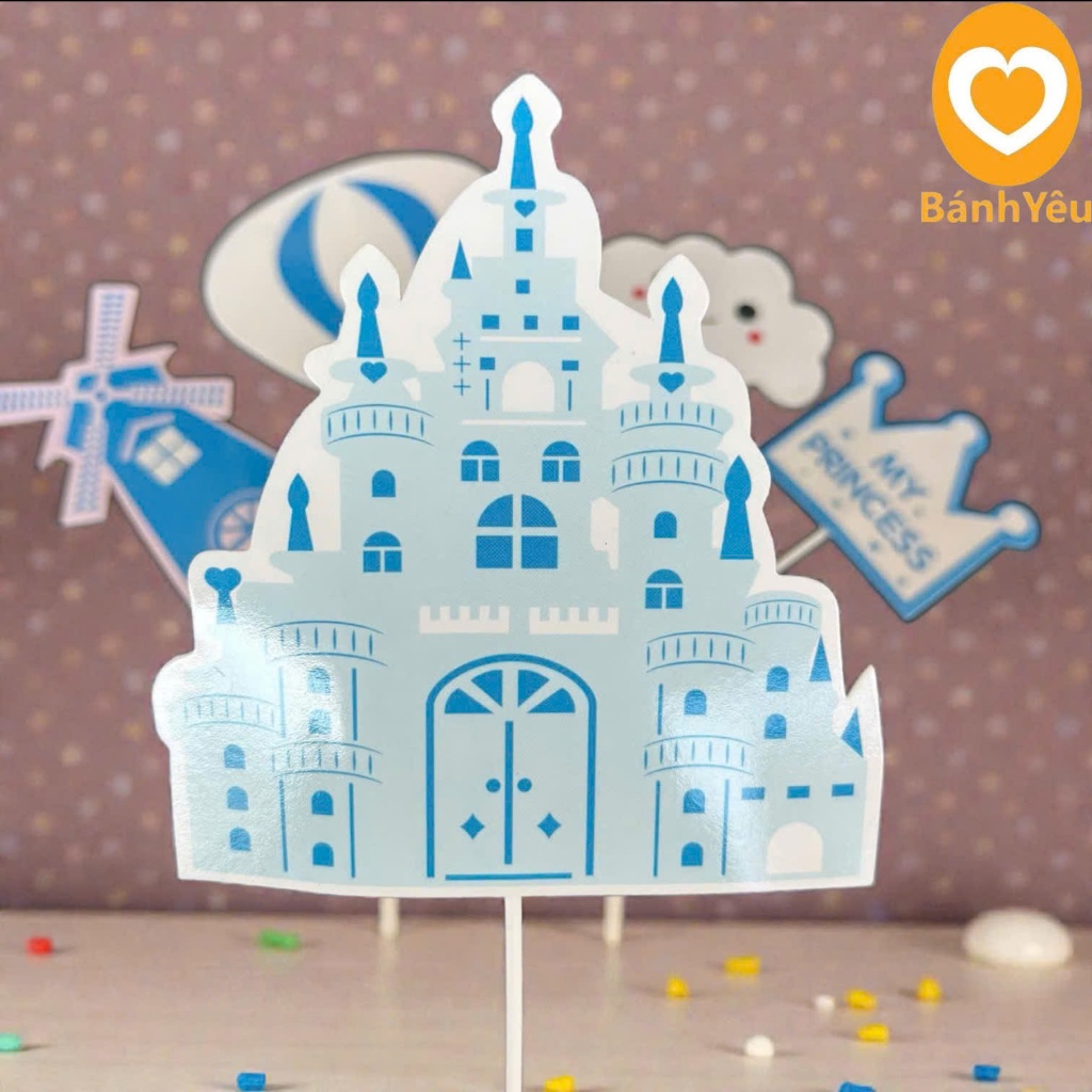 🏰 Set 5 Que Cắm Giấy Dễ Thương Hình Lâu Đài Xanh Biển/ Màu Hồng -Trang Trí Bánh