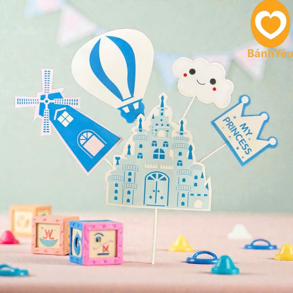 🏰 Set 5 Que Cắm Giấy Dễ Thương Hình Lâu Đài Xanh Biển/ Màu Hồng -Trang Trí Bánh