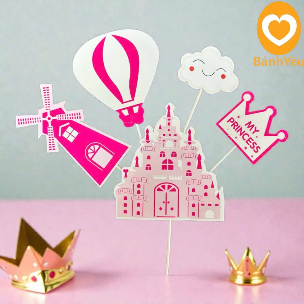 🏰 Set 5 Que Cắm Giấy Dễ Thương Hình Lâu Đài Xanh Biển/ Màu Hồng -Trang Trí Bánh
