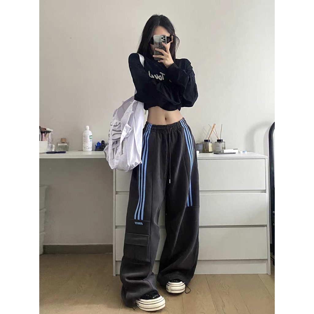 Quần dài ống suông cạp chun dây rút thể dục unisex Quần ống rộng nam nữ chất nỉ mỳ 3 sọc túi hộp chữ thể thao  T1370G