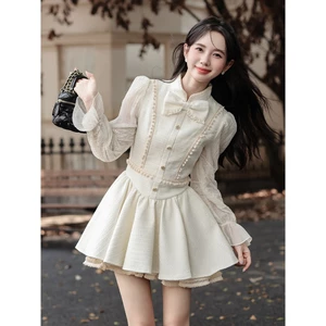 Váy liền thân ren cao cấp kiểu tweed, tay dài, eo thắt nơ, dành cho nữ, mùa thu đông, thêu nặng, cổ