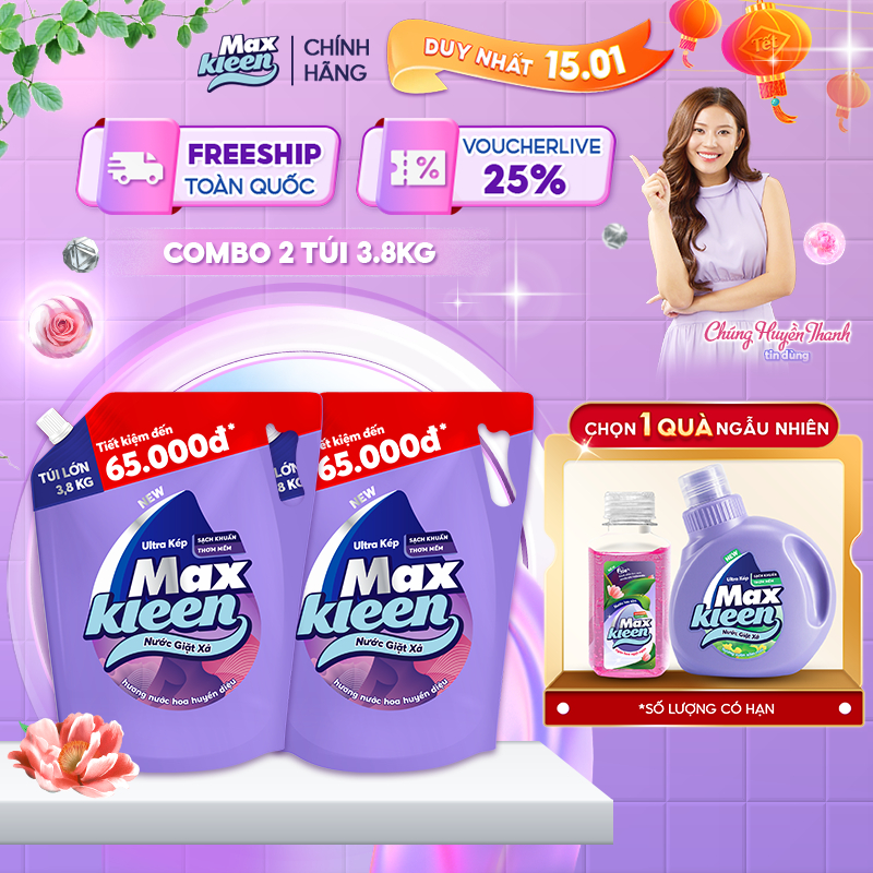 Combo 2 Túi Nước Giặt Xả MaxKleen Hương Nước Hoa Huyền Diệu 3.8kg/Túi