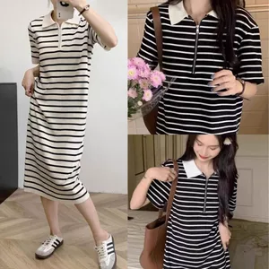 Đầm nữ suông bigsize bầu mặc được đơn giản basic Váy polo cộc tay kẻ ngang đen trắng cổ khóa dáng dài form rộng T1211G