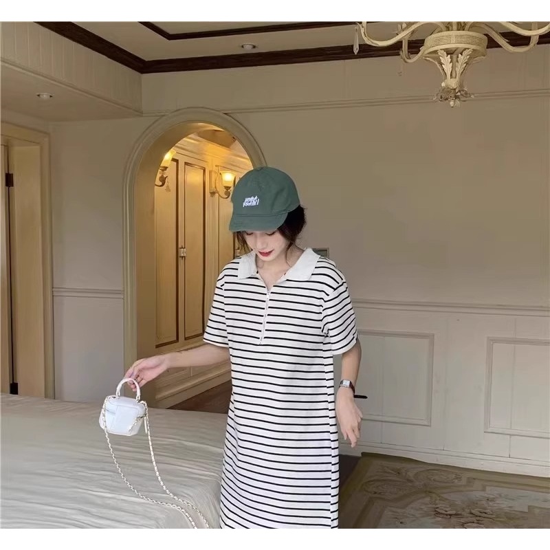 Đầm nữ suông bigsize bầu mặc được đơn giản basic Váy polo cộc tay kẻ ngang đen trắng cổ khóa dáng dài form rộng T1211G