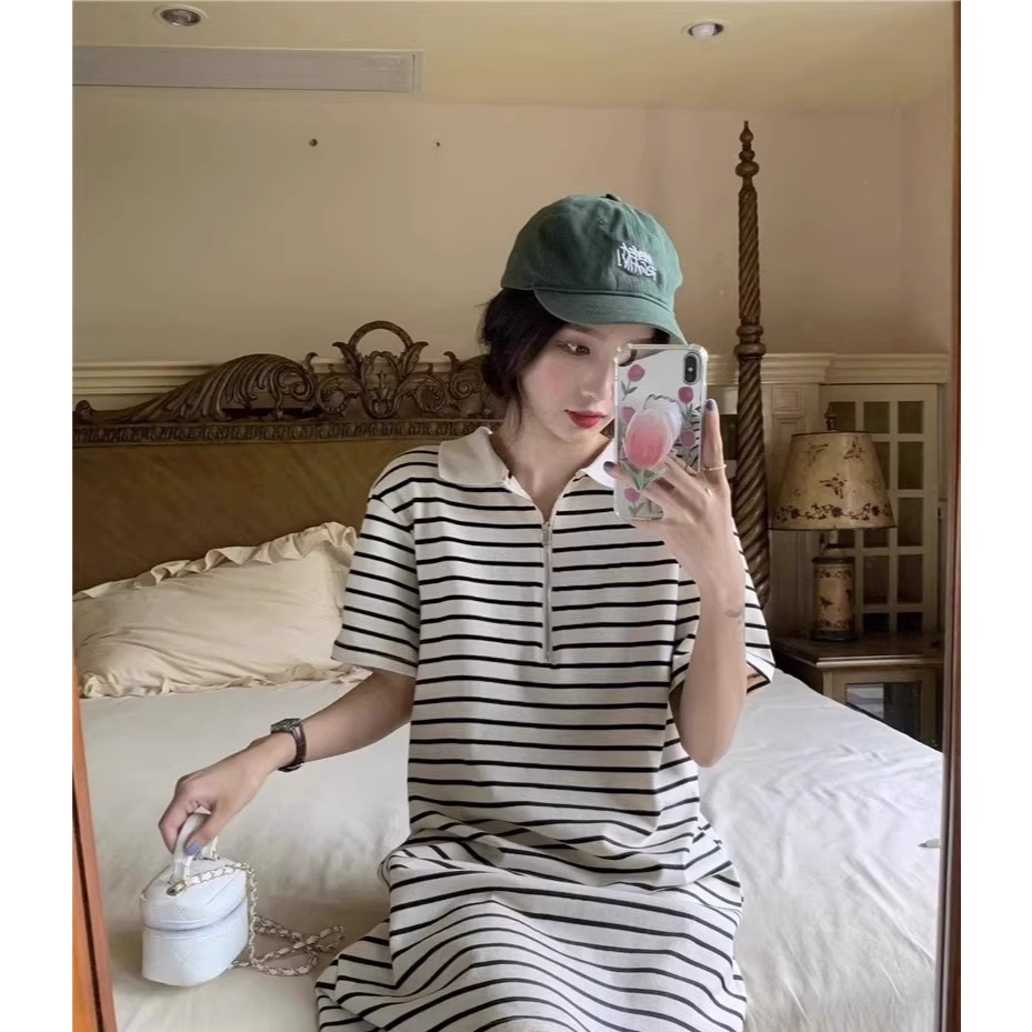 Đầm nữ suông bigsize bầu mặc được đơn giản basic Váy polo cộc tay kẻ ngang đen trắng cổ khóa dáng dài form rộng T1211G