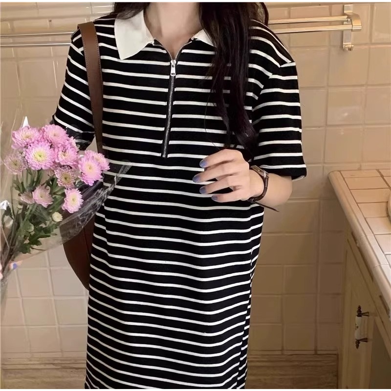 Đầm nữ suông bigsize bầu mặc được đơn giản basic Váy polo cộc tay kẻ ngang đen trắng cổ khóa dáng dài form rộng T1211G
