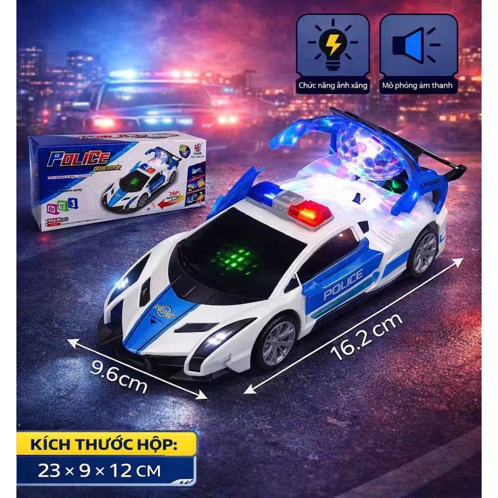 Đồ chơi xe ô tô cảnh sát biến hình xoay 360 tự động có đèn và nhạc, xe police biến hình.