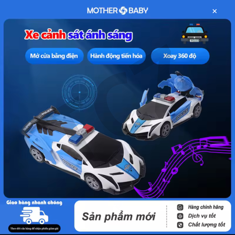 Đồ chơi xe ô tô cảnh sát biến hình xoay 360 tự động có đèn và nhạc, xe police biến hình.
