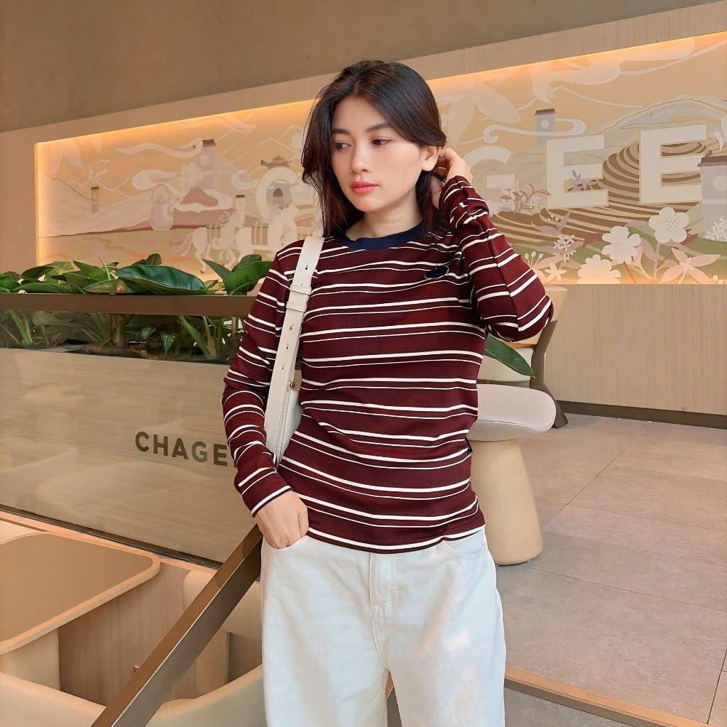 Áo Tay Dài Mirage Sọc Ngang Nhí Đỏ Chất Thun Gân Mềm Mịn Thoáng Mát.