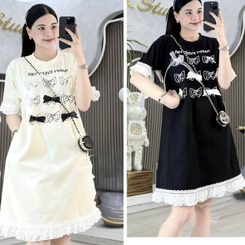 Váy suông rộng Đầm thun cotton bigsize bầu dáng dài cộc tay không cổ phối bèo voan đính nơ đen trắng bánh bèo  T1244G