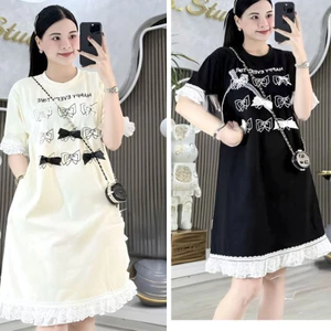 Váy suông rộng Đầm thun cotton bigsize bầu dáng dài cộc tay không cổ phối bèo voan đính nơ đen trắng bánh bèo T1244G