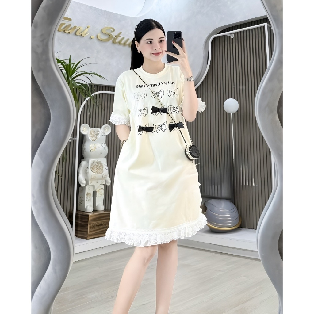 Váy suông rộng Đầm thun cotton bigsize bầu dáng dài cộc tay không cổ phối bèo voan đính nơ đen trắng bánh bèo  T1244G