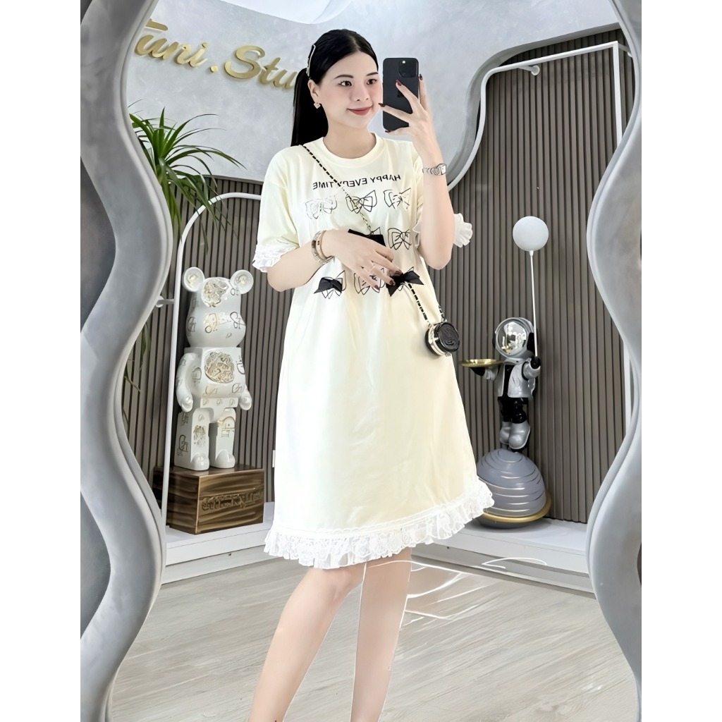 Váy suông rộng Đầm thun cotton bigsize bầu dáng dài cộc tay không cổ phối bèo voan đính nơ đen trắng bánh bèo  T1244G