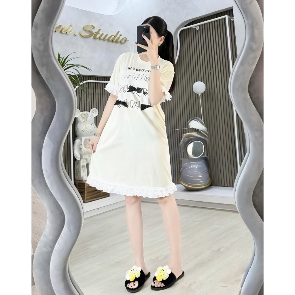Váy suông rộng Đầm thun cotton bigsize bầu dáng dài cộc tay không cổ phối bèo voan đính nơ đen trắng bánh bèo  T1244G