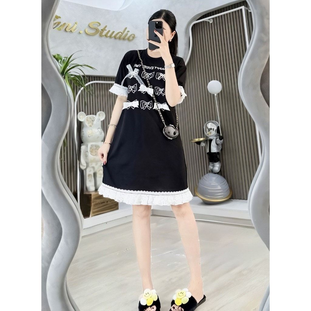 Váy suông rộng Đầm thun cotton bigsize bầu dáng dài cộc tay không cổ phối bèo voan đính nơ đen trắng bánh bèo  T1244G