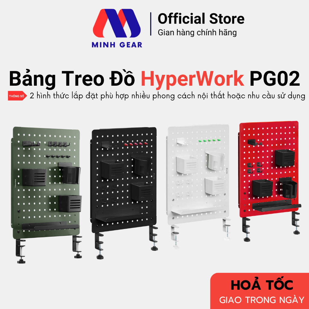 Bảng treo đồ Pegboard HyperWork PG02 Sơn tĩnh điện cao cấp, chân kẹp bàn, 14 phụ kiện đi kèm