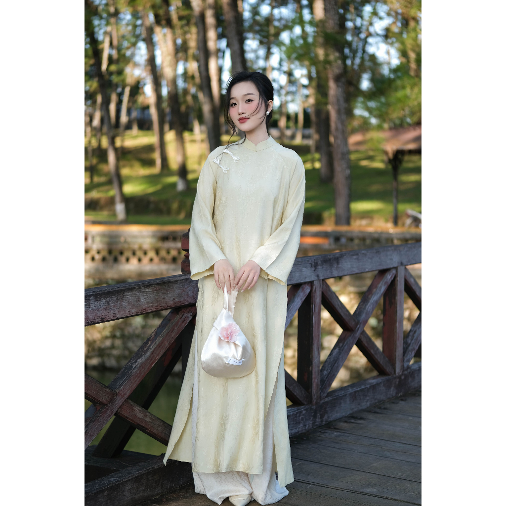 [Kèm quần lụa + Khăn lụa] Áo dài thiết kế dáng suông Lam Nhã chất liệu gấm, hoa văn dệt nổi 2 tà BST PHONG HOA BY L'AMME