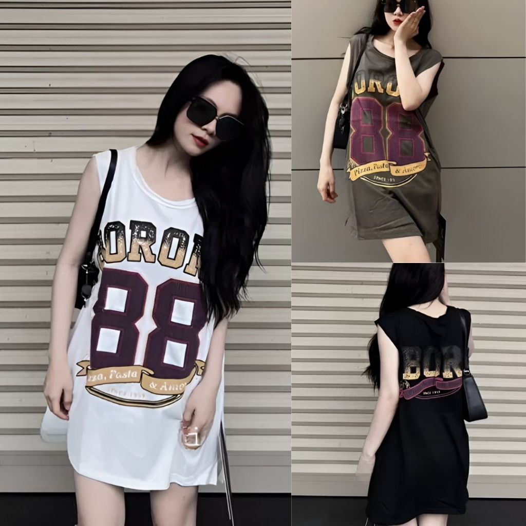 Đầm nữ ba lỗ không tay in 2 mặt  Váy sát nách dáng suông ngắn form rộng phong cách thể thao sport bóng rổ số 88 T1207G