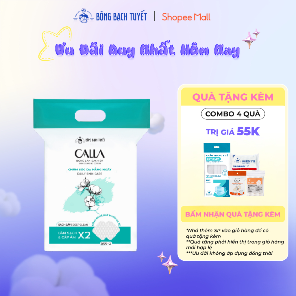 Bông tẩy trang làm sạch da Bông Bạch Tuyết Calla Sạch Sâu 500Gr