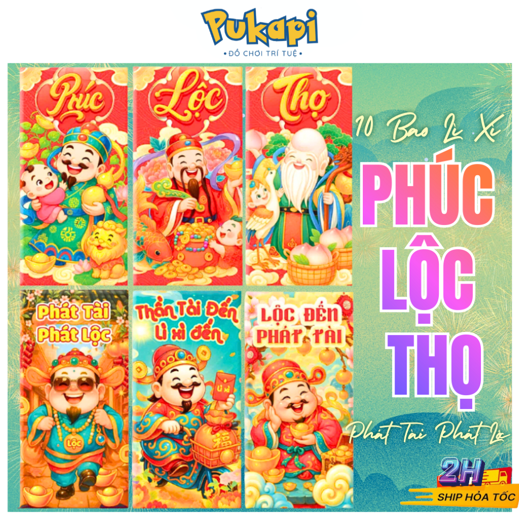 Xấp 10 Bao Lì Xì Sấp 10 Bao Lì Xì Bính Ngọ Hình Con Ngựa 2026 Tết Đỏ PHÚC LỘC THỌ  - Đồ Chơi PUKAPI