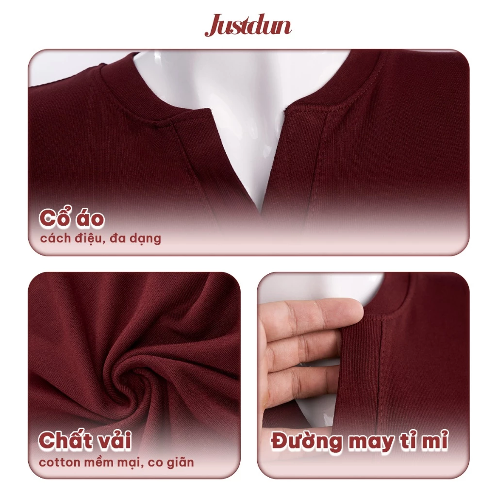 Áo Thun Nữ Ôm Body JUSTDUN E44 – Cổ Trụ Tàu Tay Ngắn, Vải Cotton Mềm Mịn Co Giãn 4 Chiều, Thoáng Mát