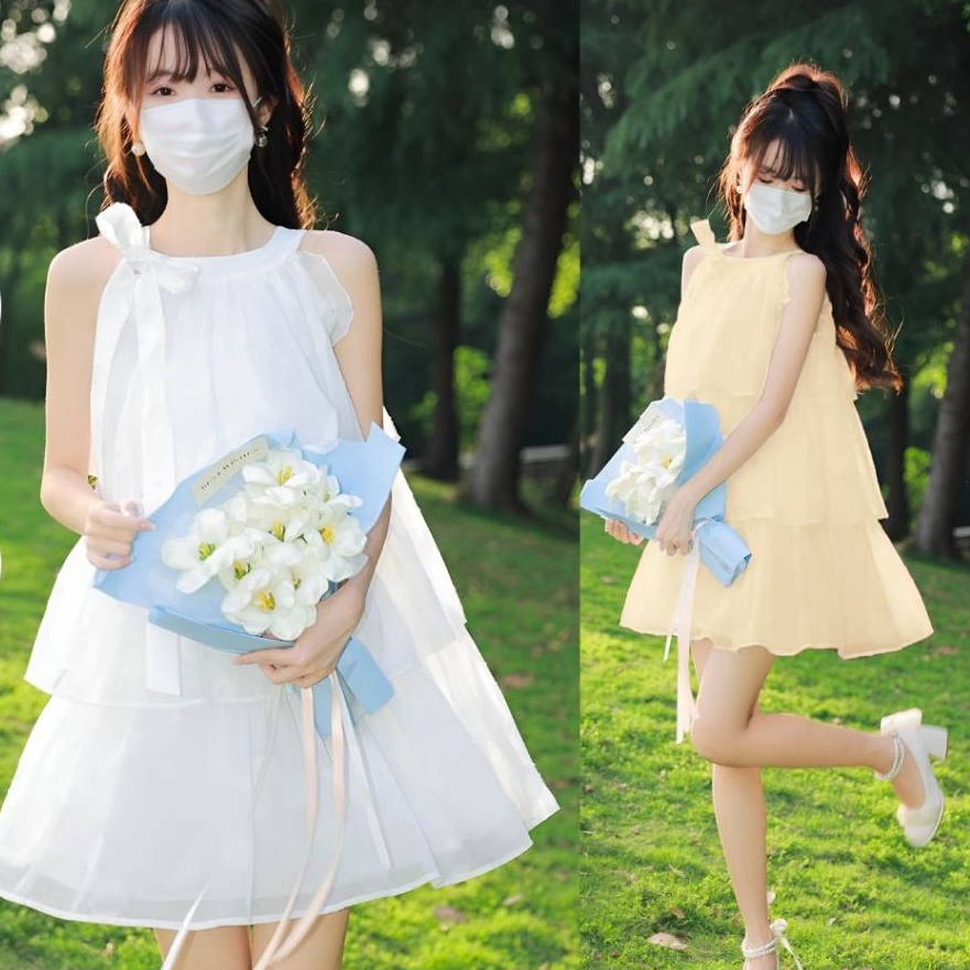 Đầm nữ bánh bèo nàng thơ nhẹ nhàng công chúaVáy tiểu thư cổ yếm buộc dây nơ 3 tầng xòe chất voan 2 lớp dáng ngắn  T1162G