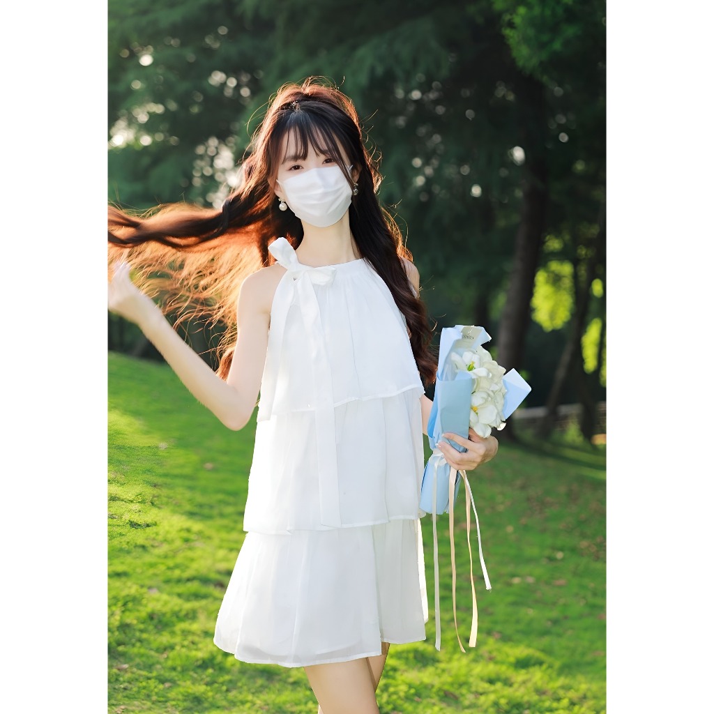 Đầm nữ bánh bèo nàng thơ nhẹ nhàng công chúaVáy tiểu thư cổ yếm buộc dây nơ 3 tầng xòe chất voan 2 lớp dáng ngắn  T1162G