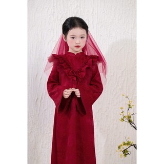 Áo dài chính chủ ChoiChuu gấm cổ bèo màu đỏ cho mẹ và bé gái mặc đám cưới đám hỏi tiệc