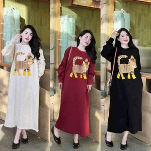 Đầm bầu thu đông xinhVáy suông dáng dài form rộng dài tay chất nỉ ấm áp hình chú mèo đi tất dễ thương đen đỏ xám T1426G