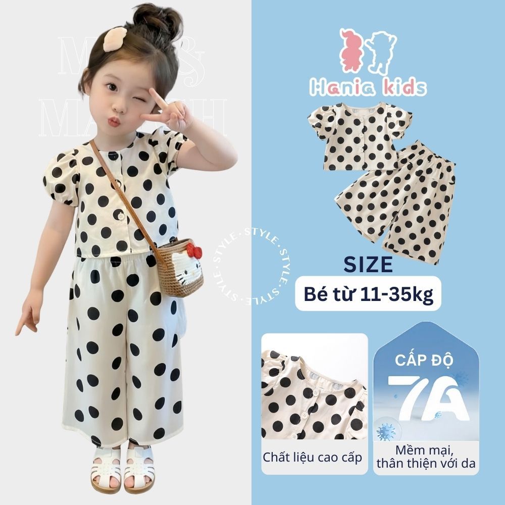 Bộ Đồ Cho Bé Gái, Set Đồ Cho Bé Gái Thiết Kế Tay Áo Phồng Quần Ống Rộng Chấm Bi Chất Liệu Cotton