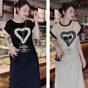 Đầm suông thun cotton cộc tay không cổ xinh Váy dáng dài form rộng phối viền họa tiết trái tim dây xích đính nơ T1376G