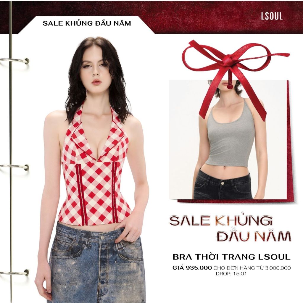 LSOUL Áo Corset Cổ Yếm Caro Đỏ Hở Lưng Uzi Top + Quần Jeans Baggy Họa Tiết Loang Yeom Bottom - A25072829 J25070822