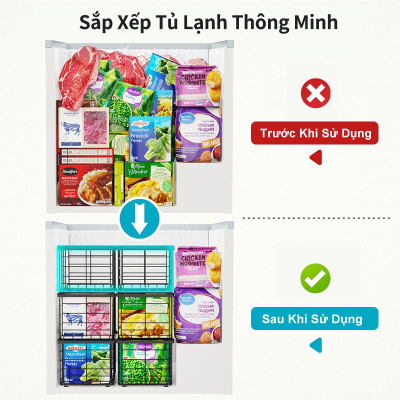 Lifinity Rổ Đựng Thực Phẩm Tủ Lạnh 2 Cái - Thép Carbon Bền, Có Tay Cầm, Thiết Kế Xếp Gọn Thông Minh