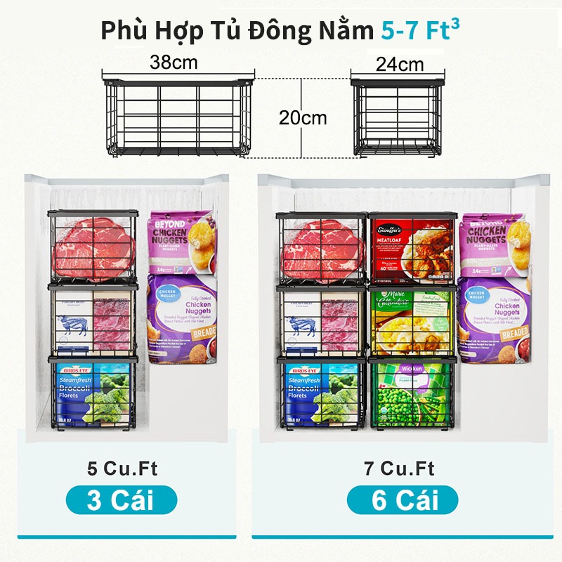 Lifinity Rổ Đựng Thực Phẩm Tủ Lạnh 2 Cái - Thép Carbon Bền, Có Tay Cầm, Thiết Kế Xếp Gọn Thông Minh