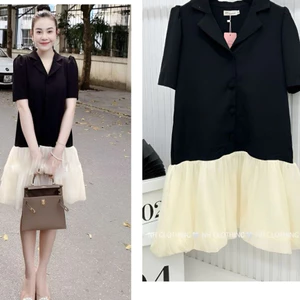 Váy Đầm công sở dáng ngắn form rộng xinh đi làm trẻ cổ vest đuôi cá phối chân voan suông xòe thanh lịch tiểu thư T1306G