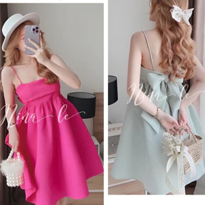 Đầm bánh bèo nữ tính đi chơi du lịch trẻ xinh hè thuVáy 2 dây dáng ngắn ôm vòe tôn dáng đính nơ to sau lưng T1353G