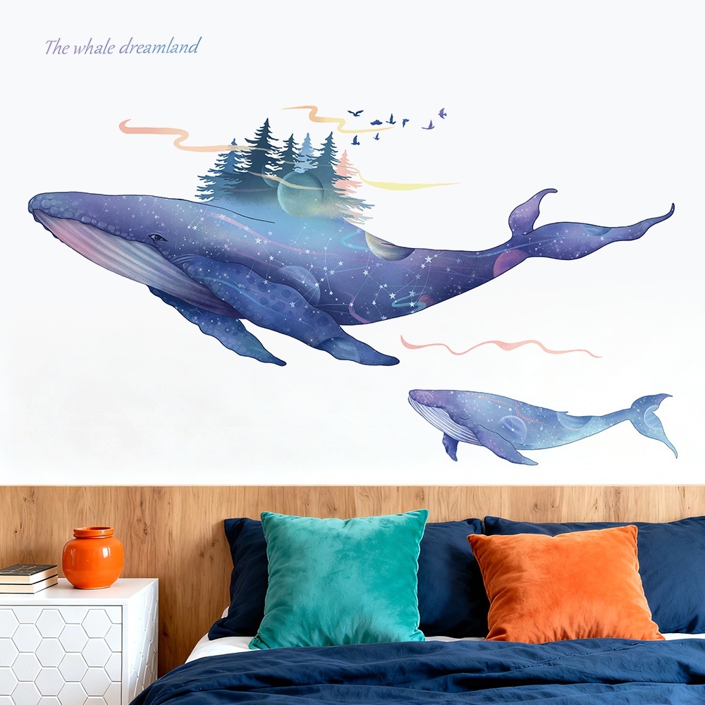 Decal Dán Tường Hình Cá Voi Mộng Mơ Có Keo Sẵn 130x87cm – Trang Trí Phòng Ngủ Cho Bé