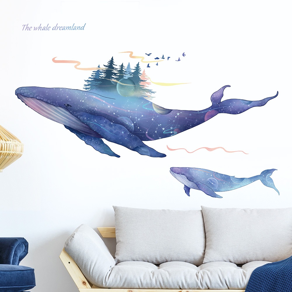 Decal Dán Tường Hình Cá Voi Mộng Mơ Có Keo Sẵn 130x87cm – Trang Trí Phòng Ngủ Cho Bé