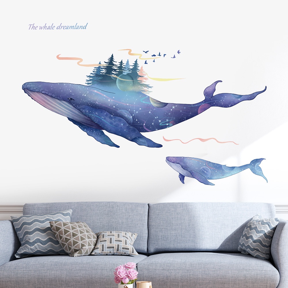 Decal Dán Tường Hình Cá Voi Mộng Mơ Có Keo Sẵn 130x87cm – Trang Trí Phòng Ngủ Cho Bé