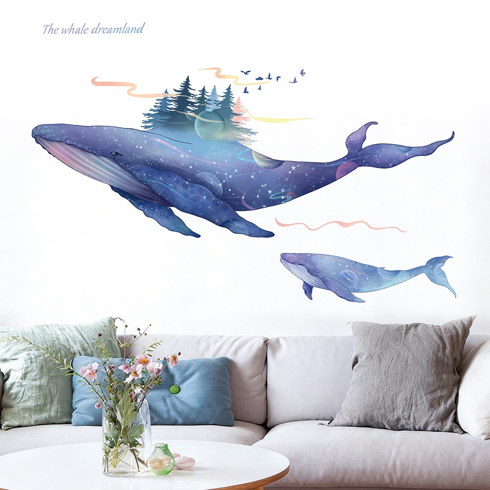 Decal Dán Tường Hình Cá Voi Mộng Mơ Có Keo Sẵn 130x87cm – Trang Trí Phòng Ngủ Cho Bé