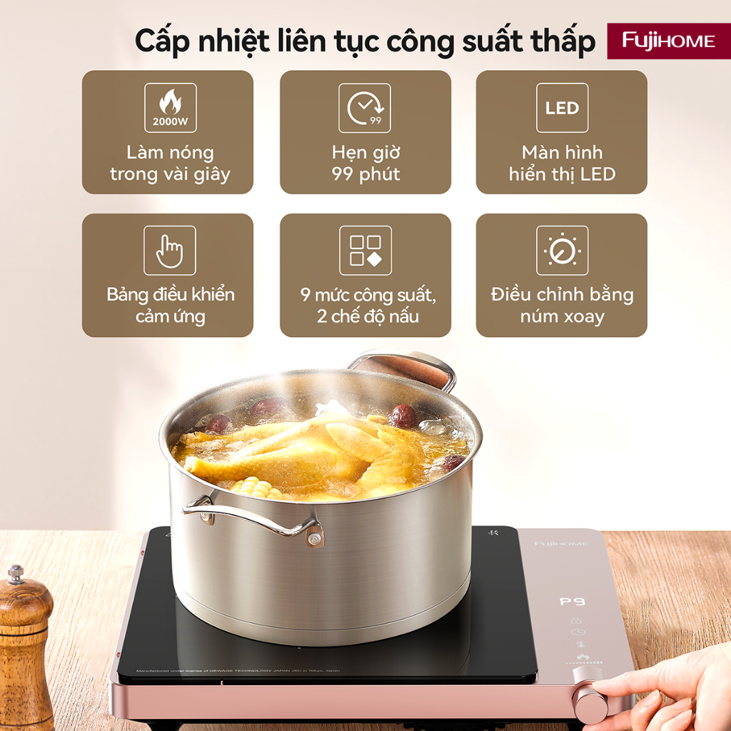 Bếp từ ăn lẩu gia đình FUJIHOME IC1207P, bếp điện từ đơn nhỏ gọn có hẹn giờ và khóa an toàn trẻ em