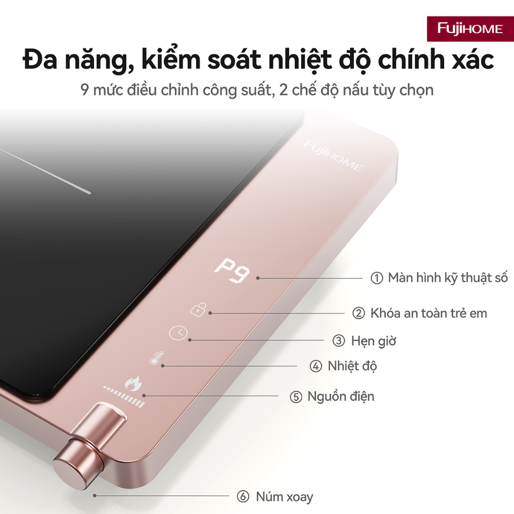 Bếp từ ăn lẩu gia đình FUJIHOME IC1207P, bếp điện từ đơn nhỏ gọn có hẹn giờ và khóa an toàn trẻ em