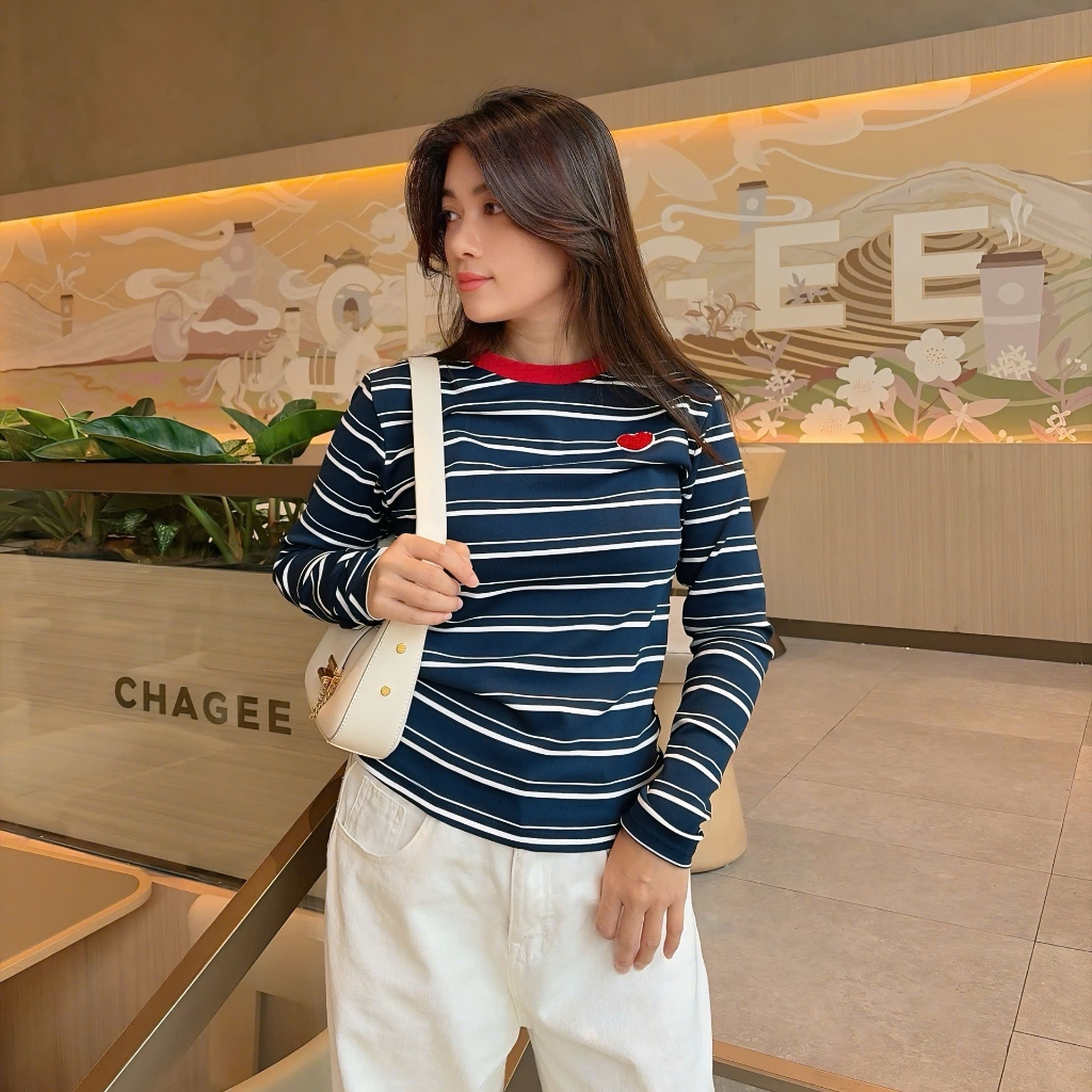 Áo Tay Dài Mirage Sọc Ngang Nhí Xanh Chất Thun Gân Mềm Mịn Thoáng Mát.