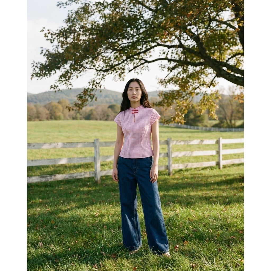 TheBlueTshirt - Áo kiểu sọc caro cổ tàu cách điệu thanh lịch cho nữ - Jade Top