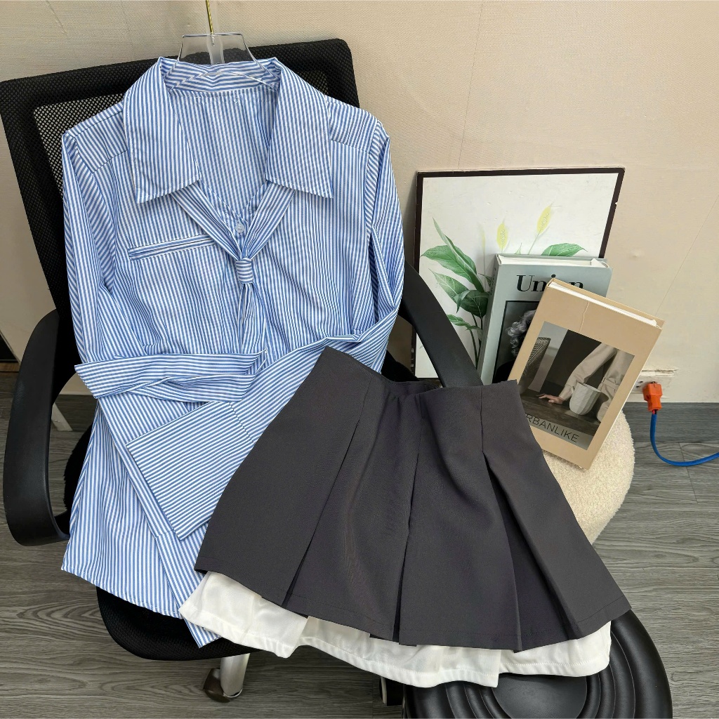 Set Bigsize Nữ Áo Sơ Mi Lụa Chéo + Chân Váy Xếp Ly Ngắn – Thanh Lịch, Che Bụng Che Đùi SM168+CV421